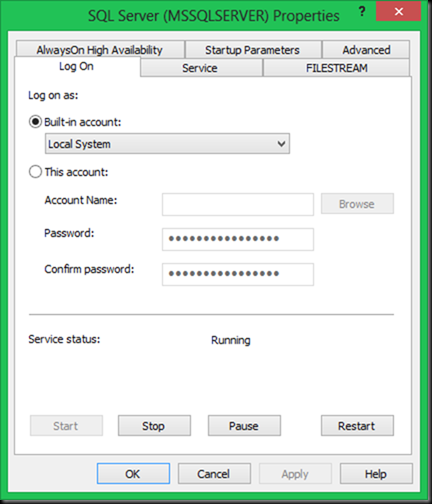 MSSQLSERVER service log on karta