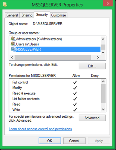 Full Control MSSQLSERVER User