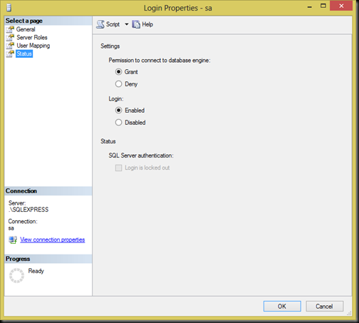 sql server login properties sa grant access