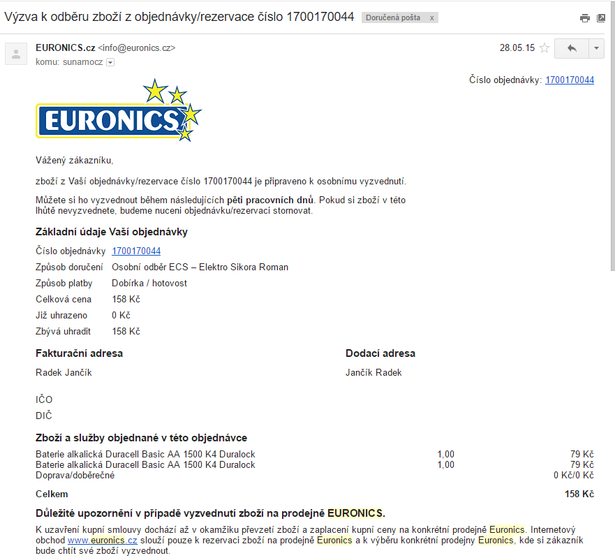 Euronics objednavka baterek pro Pompinku